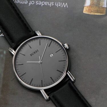 Годинник чоловічий BUREI Ultra Slim аналоговий з датою, кварцовий механізм Japan, шкіряний ремінець, чорний та сріблястий, подарунок для чоловіків
