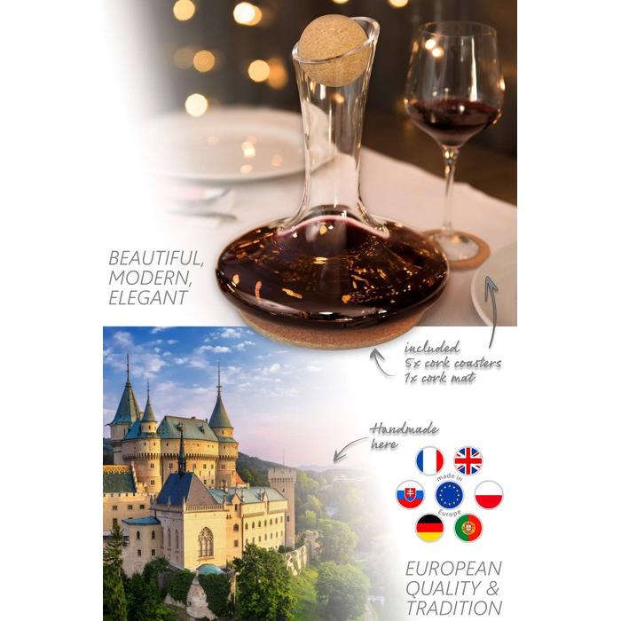 Decanter & Accessories (Cleaning Pearls, Cork Stopper, Trivets & Coasters) - 100% Handmade in Europe Lead-Free Crystal Glass Wine Decanter for Red Wine - Unique Gift Idea