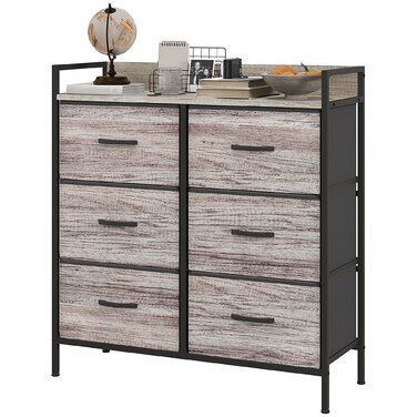 HOMCOM 6-Drawer Fabric Storage Chest of Drawers, Storage Cabinet, Dresser-Style Unit with Wood-Look Finish, Handles, Steel Frame, Industrial Design Sideboard for Living Room - Grey | Aosom