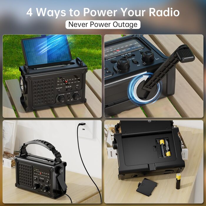 Радіо NOAA для надзвичайних ситуацій, 12000 мАг/44400 мВт·год, портативне AM/FM з сонячною/ручною/USB-підзарядкою, SOS-сигналом для використання в приміщенні та на вулиці, чорне