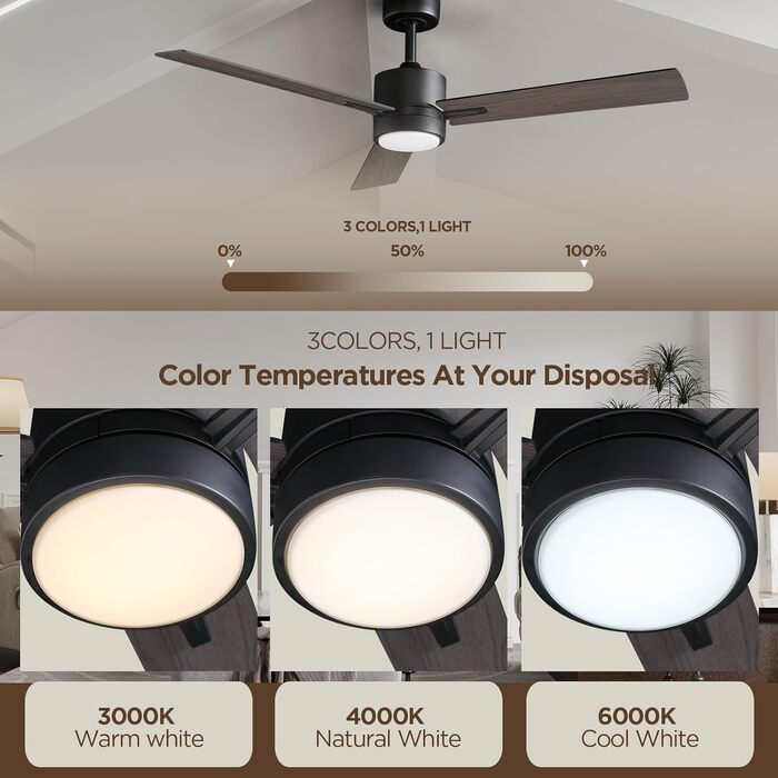 Стеляний вентилятор з підсвіткою та пультом керування: 132 см, сучасний дизайн для спальні. Тиха DC мотор, регульована трикольорова LED-підсвітка, реверсивна функція, для приміщень та вулиці, 220~240V (3 - горіх)