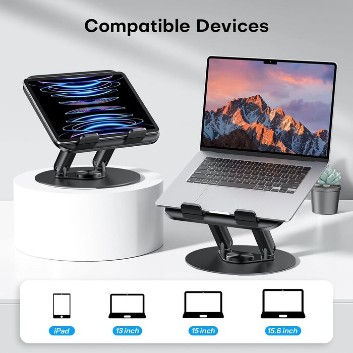 Підставка для ноутбука OMOTON, міцна металева основа, 360° обертання, складана ергономічна підставка для ноутбука – для 15-дюймових MacBook та ноутбуків – класичний чорний колір