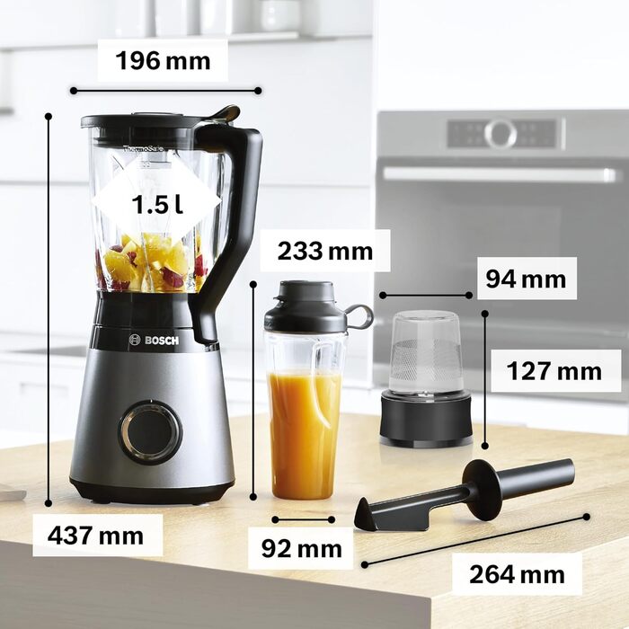Стаціонарний блендер Bosch VitaPower Serie 4 MMB6177S, 1200 Вт, 1,5 л скляна чаша, нержавіючі леза, пляшка To-Go 0,6 л, подрібнювач, 30 000 об/хв, сріблястий, Німеччина