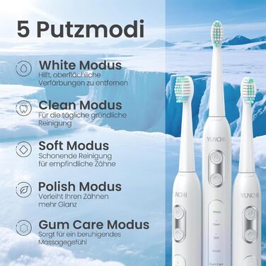 Електрична зубна щітка YUNCHI C2 з 40000 VPM, звукова щітка для дорослих, USB-C зарядка, 55 днів роботи від акумулятора, 5 режимів чищення, таймер 2 хвилини, 8 насадок, дорожній футляр, чорний (C2 небесно-блакитний та білий)