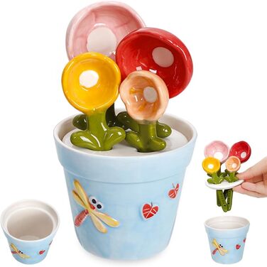 Ceramic Measuring Spoon Set in Jar – Cute Measuring Cups, Spoons for Dry and Wet Ingredients, 1 Tablespoon, 1 Teaspoon, 1/2 Teaspoon, 1/4 Teaspoon, 1 Cup