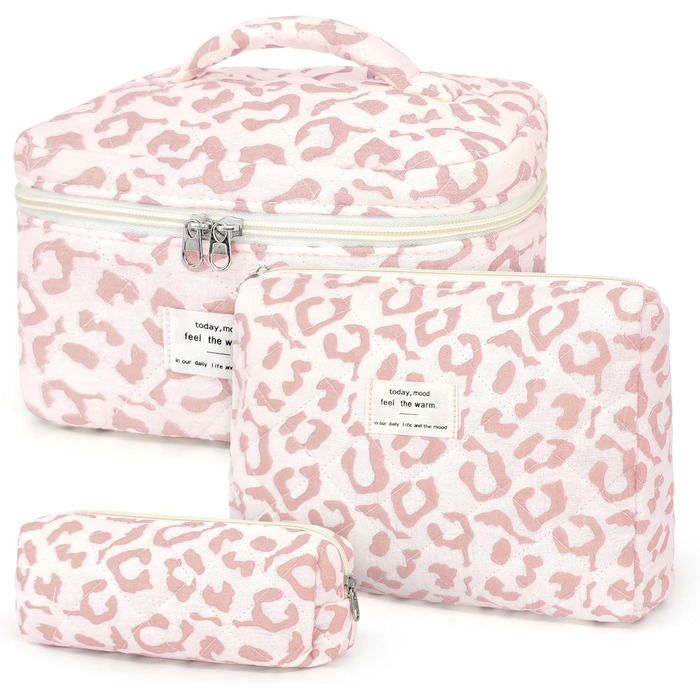 Набір косметичок для жінок: 3 шт. (рожевий леопард) - великі та маленькі, для макіяжу, подорожей, організації косметики