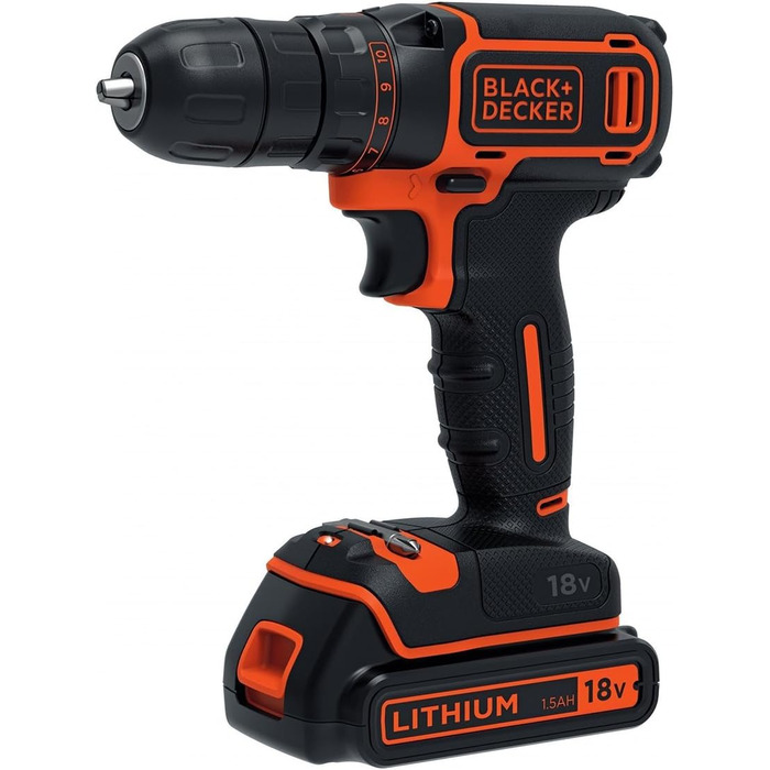 Акумуляторний дриль-шуруповерт BLACK+DECKER 18V з 2 акумуляторами 1.5Ah, швидкою зарядкою та 80 аксесуарами в кейсі