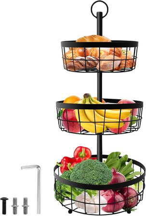 Металева фруктова етажерка Yiomxhi 3 ящики, чорна – для зберігання фруктів, овочів, хліба та закусок