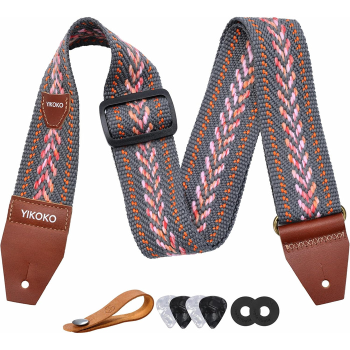 Гітарний ремінь 5,1 см з бавовни, з шкіряними кінцями для бас-, електро- та акустичних гітар (Сірий)