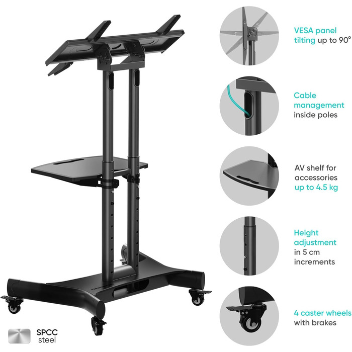 ONKRON Mobile TV Stand with Wheels - Adjustable Height & Tilt for 32-70 inch TVs (up to 45kg) - VESA 600x400 - Black