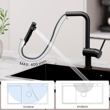 Кран кухонний CECIPA X203B чорний з висувною лійкою, 360° поворот, двома струменями, з нержавіючої сталі