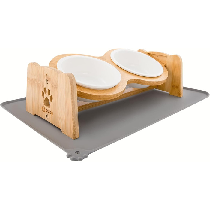 Petzy Преміум годівниця для собак та котів з кераміки, 350 мл, регульована висота, бамбукова підставка, антиковзаюча, сіра