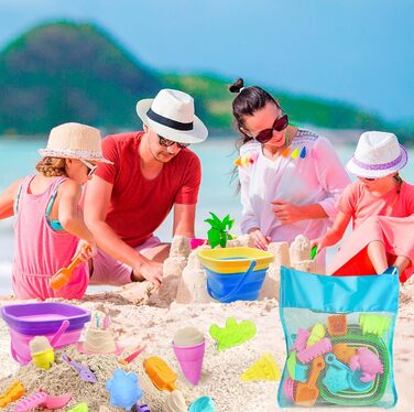 HOVIBU Beach Sand Toy for Kids, 35 Piece Beach Toy Set with Sand Shovel, Folding Bucket, Sand Molds, Mesh Bag Beach, Sandbox Toy Gifts for 3+ Years Girls Boys
