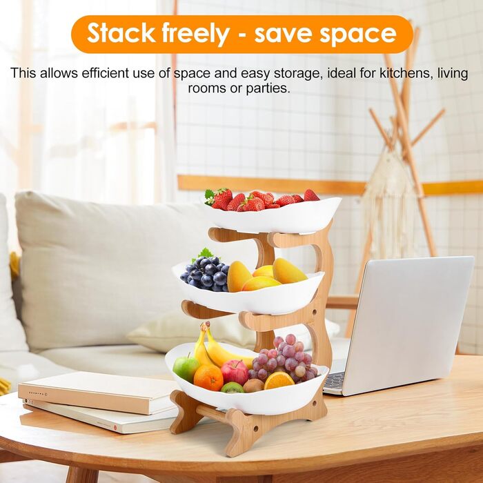DEECOZY Трирівнева підставка для фруктів та овочів з бамбуком, біла. Організатор для зберігання фруктів, овочів та закусок