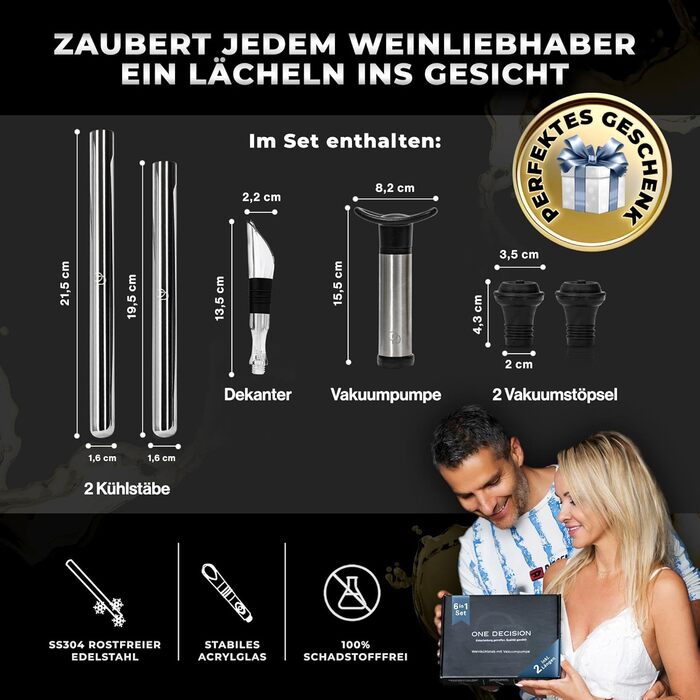One Decision Deluxe Wine Cooling Rod 6-in-1 Set | Includes 2 Lengths Stainless Steel | Wine Cooler Rod + Vacuum Pump + Pourer | Gift Ideas for Women, Gifts for Men