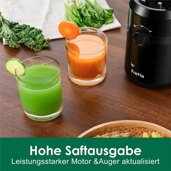 Шнекова соковижималка Fretta Slow Juicer з широким завантажувальним отвором для цілих овочів та фруктів, BPA-free Tritan, 1 л, чорна