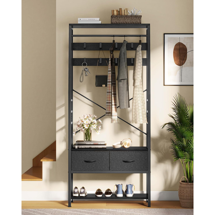 YITAHOME Entryway Storage Bench with Shoe Cabinet, Freestanding Entryway Bench with Bank and 2 Folding Drawers, Industrial Coat Rack with 8 Hooks for Entryway, Living Room, Bedroom, Metal Frame, Rustic Brown (Black)