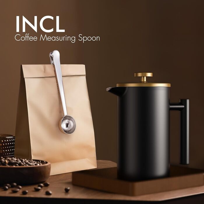 Enfmay French Press Coffee Maker, 1L Stainless Steel French Press with 4 Filters and Spoon, Detachable, Easy to Clean, Stainless Steel Insulated Coffee Pot Thermos for Home, Travel and Camping, Silver 1000ML Silver