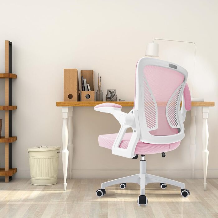 Офісний стіл з регульованими підлокітниками, ергономічний стілець для офісу з сітчастою спинкою, підтримкою попереку, регульованою висотою, м'яким сидінням, поворотний на 360°, (Рожевий)