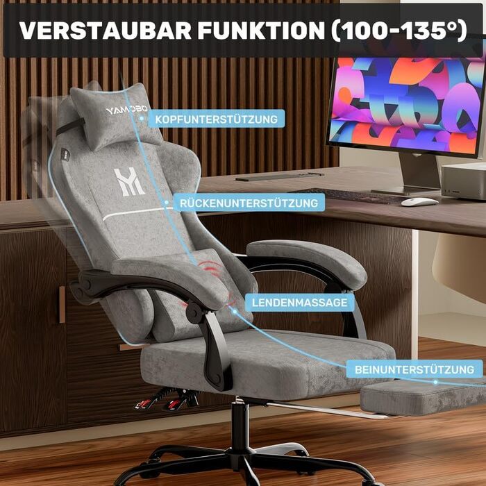 Геймерське крісло Ergonomisch з підлокітниками, підставкою для ніг, подушкою для попереку та голови, регульованою висотою, оббивка PU, сірий (C-grey)