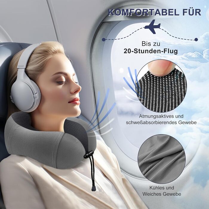 Подушка для шиї у подорожах: м'яка піна пам'яті, бавовна, U-подібна форма, з чохлом, для автомобіля, літака, офісу (сіра)