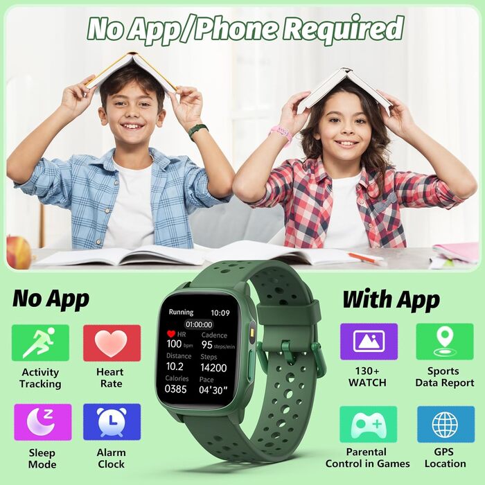 Дитячий розумний годинник Kinder з 140 спортивними режимами, фітнес-трекер, вимірювання пульсу, ігри-головоломки, IP68 вологозахист, без використання додатку/телефону, подарунок для хлопчиків-підлітків 6-15 років, зелений