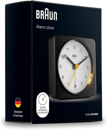 Braun Classic Analog Alarm Clock with Snooze Function and Light, Silent Quartz Movement, Crescendo Alarm, Black and White Model BC03BW.