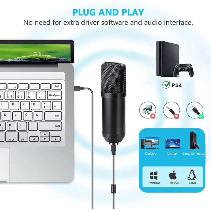 Мікрофон конденсаторний Diealles Shine для запису, подкастів та стрімінгу. Комплект з кріпленням, штативом та поп-фільтром. 192KHz/24 Bit