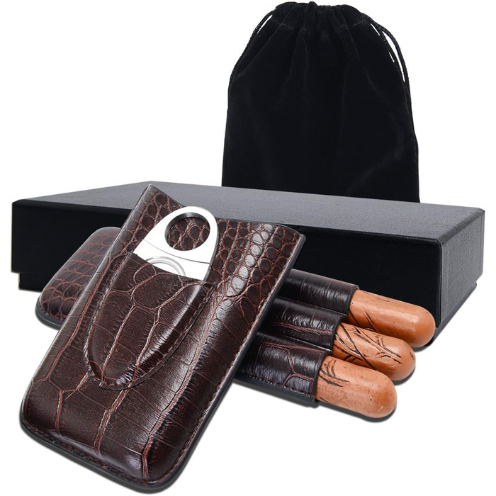Вишуканий тютюнець для сигар з натуральної шкіри, на 3 сигари, з різаком, коричневий - ідеальний подарунок для чоловіків