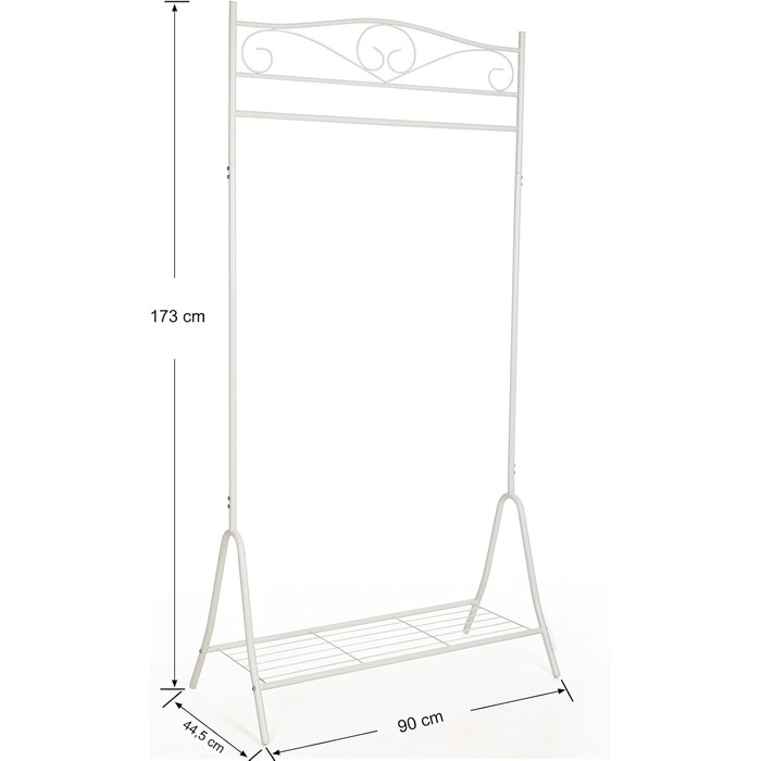 SONGMICS Vintage Style Clothes Rack Coat Stand with Clothes Rail and 2 Shelves Made of Metal 92 x 173 x 41 cm (W x H x D), Cream White, HSR07W (90 x 44.5 x 173 cm)