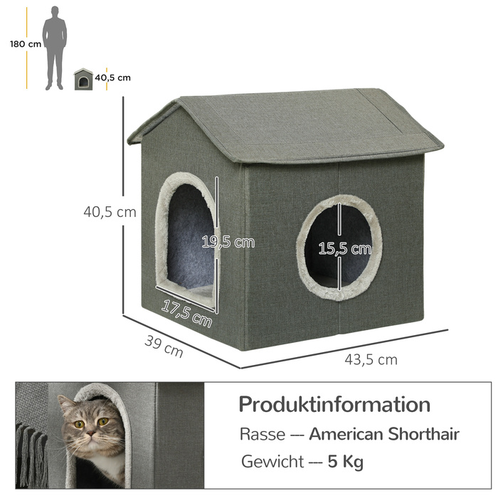 PawHut Cat Cave House Shape with Washable Cushion, Cozy Cat Snuggle Cave with Two Doors, 39 x 43.5 x 40.5 cm, Grey