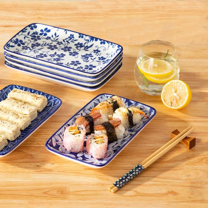 Набір сервірувальних тарілок Vancasso Selene (6 шт.) - великі, прямокутні, порцелянові, для свят, сніданків, фуршетів, сирної тарілки, мікрохвильова піч та посудомийна машина, блакитно-білий колір