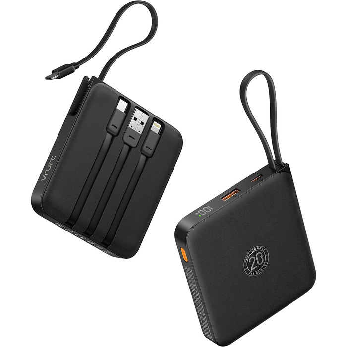 Power Bank VRURC 10000mAh з кабелем: компактний павербанк USB-C, швидка зарядка 22.5W, LED-дисплей, сумісний з iPhone, Huawei (зелений, чорний)
