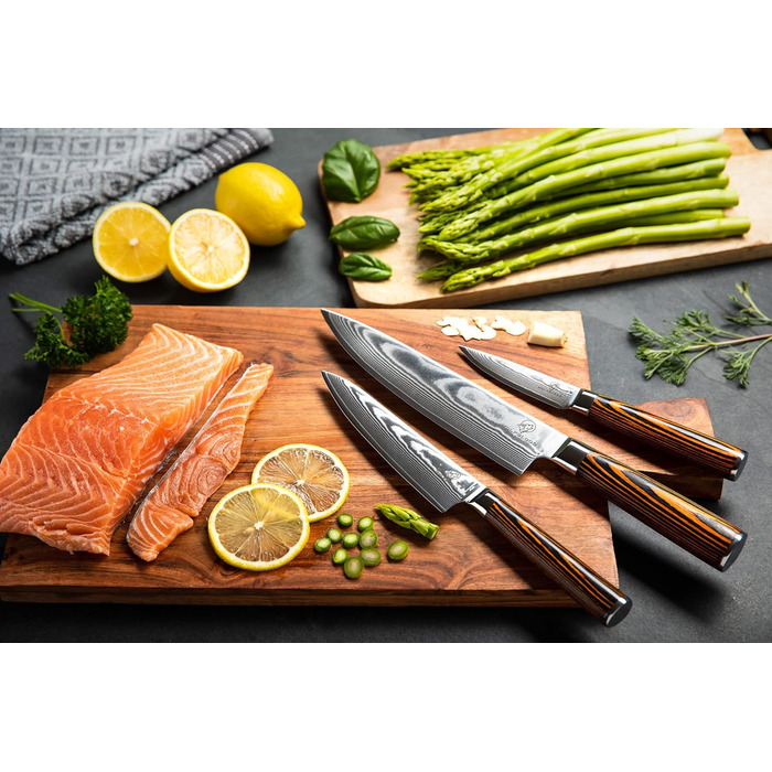 Набір кухонних ножів Wolfblood Damast 3 шт (32/26/20 см) з дамаської сталі 67 шарів, твердість 62 HRC, сертифіковано TÜV + чохол та подарункова коробка