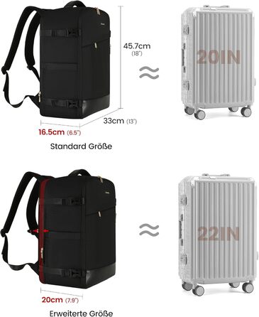 LOVEVOOK Рюкзак ручної об'єм 40L, 45x33x20cm: Рюкзак для подорожей та бізнесу, розширюваний, ручна поклажа, чорний