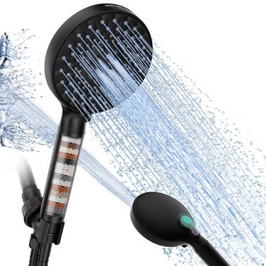 Душова лійка SR SUN RISE з фільтром, шланг та картриджі, 9 функцій, високий тиск, для жорсткої води, видаляє хлор, важкі метали, бактерії, чорний глянцевий колір