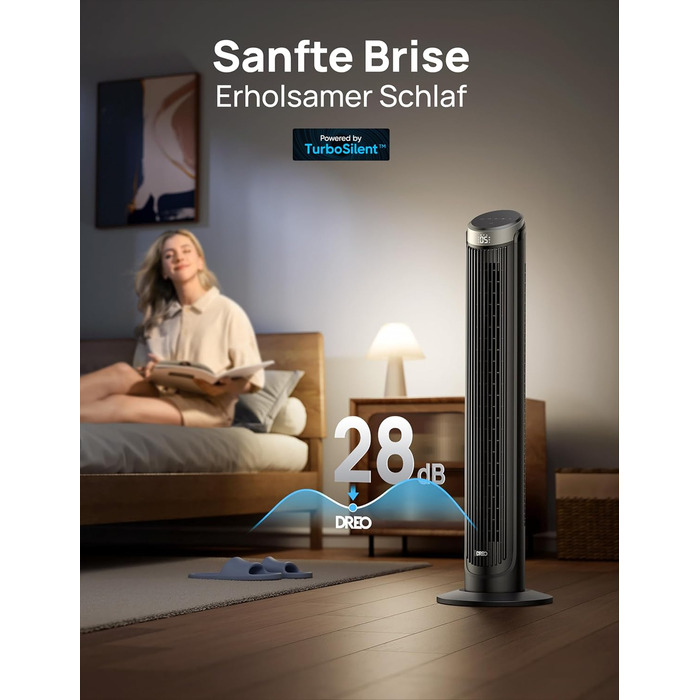 DREO Smart Tower Ventilator: Тихий вентилятор з Wi-Fi, дистанційним керуванням та керуванням голосом (Alexa), 90° осциляція, 5 швидкостей, 12-годинний таймер, сріблястий