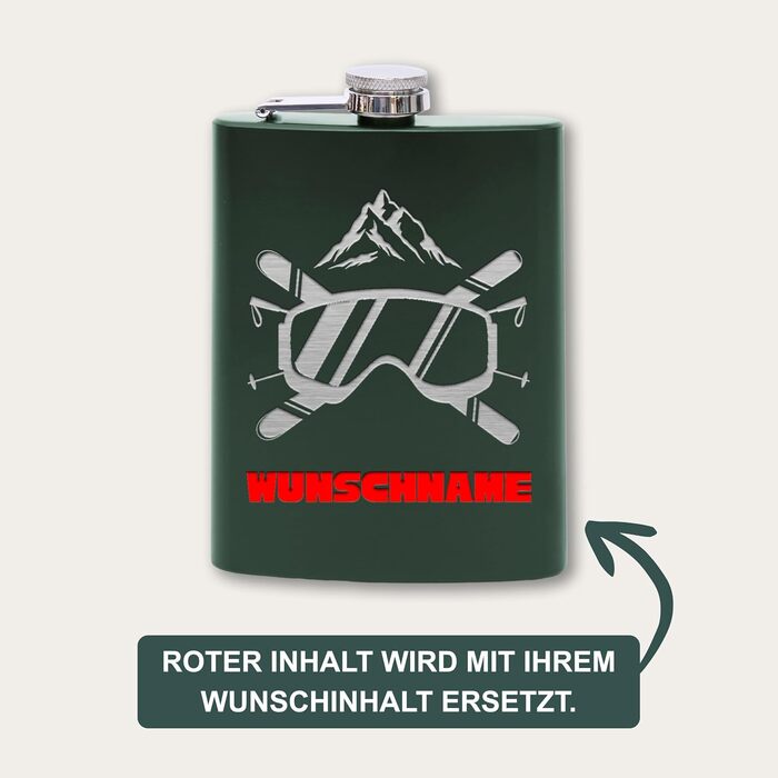 Фляга з нержавіючої сталі Flanacom з гравіюванням, 227мл / 8oz, для гірськолижників, персоналізована, з воронкою (дизайн 3, зелений)