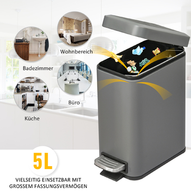 Відро для сміття HOMCOM 5L з педаллю, відро для косметики, контейнер для сміття з кришкою та педаллю, сміттєвий бак з внутрішнім відром, сміттєве відро для ванної кімнати, вітальні, офісу, метал, сірий, 29,2 x 14 x 32 см | Aosom