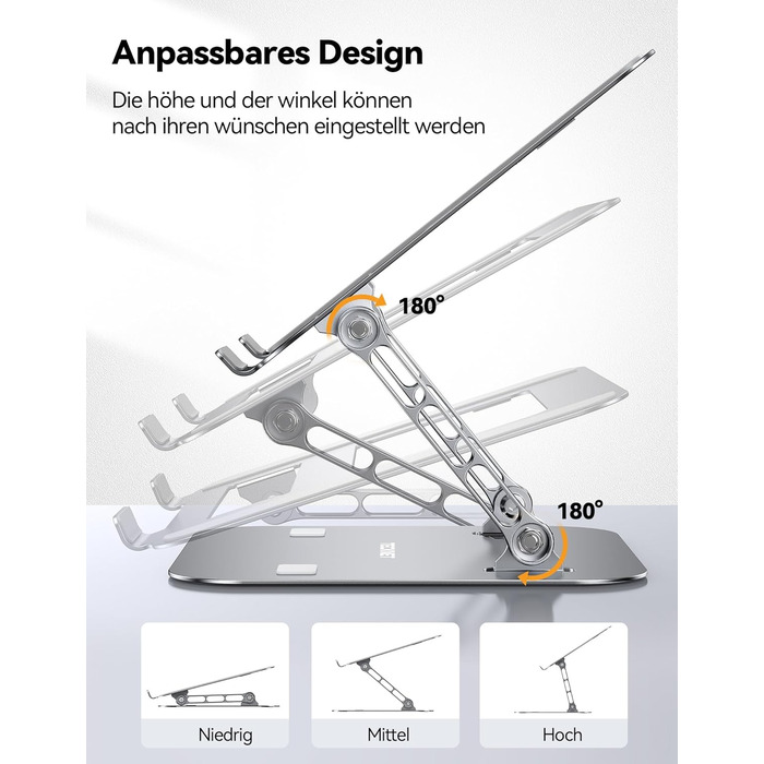 Підставка для ноутбука TECKNET регульована по висоті, ергономічна, складна, з вентиляцією, сумісна з 11-17.3 дюймами, для MacBook та планшетів (срібна)