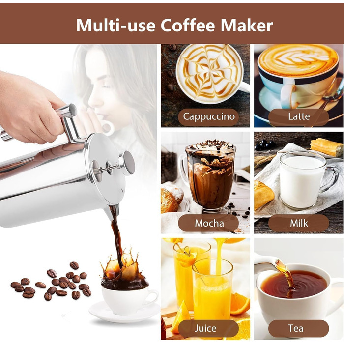 Wrobic French Press Coffee Maker 1.5 Liter Stainless Steel Coffee Maker, Double-Walled Insulated French Press Coffee Pot with 3 Extra Filters (silver, 1500ml) 1500ml Silver