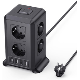 Багаторозкладна мережева панель Sameriver 8-fach з вимикачем, 4 USB, захист від перенапруги, 2м кабель, чорний
