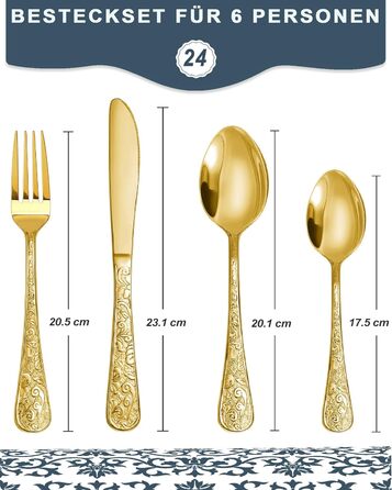 Набір столових приборів 24 предмети в золотистому вінтажному стилі для 6 осіб, нержавіюча сталь, з гравіюванням, високоякісне полірування