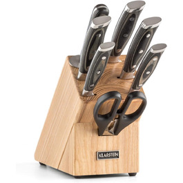 Klarstein Katana 8 Professional Knife Set - 8-Piece Stainless Steel Kitchen Knife Set with Block, Brown Wood Block