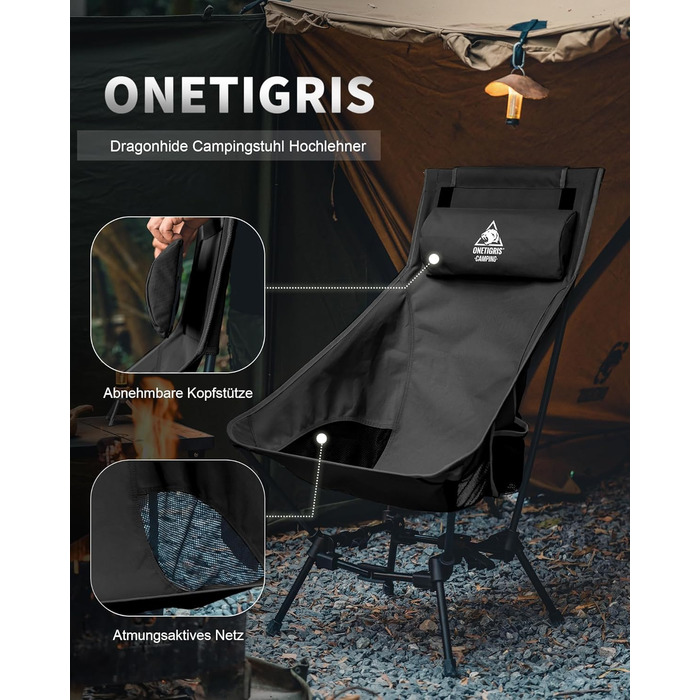 Стілець для кемпінгу OneTigris DRAGONHIDE, розкладний, 125 кг, з 2 кишенями, чорний