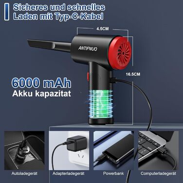 Електричний пилосос-фен для пилу 2-в-1, 91000 об/хв, акумулятор 6000mAh, USB-зарядка, для ноутбука, клавіатури, дивану, авто