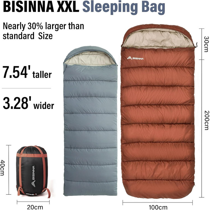 Сплячий мішок BISINNA XXL (230 x 100 см) для великих людей, 3-4 сезони, водонепроникний, легкий, для кемпінгу, подорожей, походів, 1.5 кг, ліва блискавка