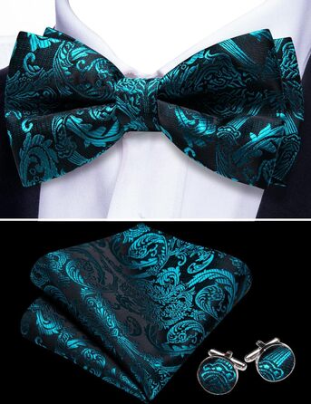 Набір краватка-метелик, нагрудна хустинка та запонки Barry.Wang для весіль та урочистих подій. Шовк з візерунком пейслі, колір: бірюзовий / Blume