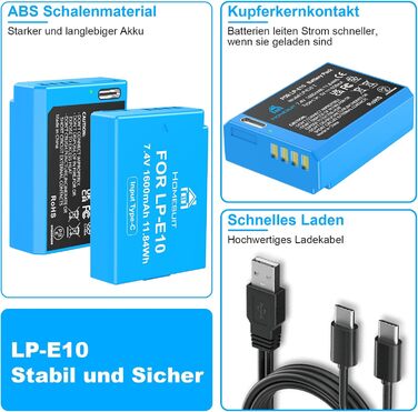Акумулятор Homesuit LP-E10 1600mAh та LED-зарядний пристрій для Canon EOS 1100D, 1200D, 1300D, 2000D, Rebel T3, T5, T6, T7, Kiss X50, Kiss X70 (2 шт.)