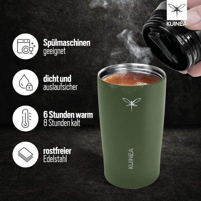 Термокружка для кави KUINEA To Go 350 мл, нержавіюча сталь, 6 годин тепла, з гігієнічним клапаном, без BPA, зелена
